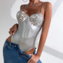 Womens Sparkly Silver Thong Bodysuit Satin Sequin jumpsuit Adjustable Strap Going Out Night Club Party female sexy outfit