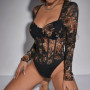 Green Lace Square Neck Bodysuit Women Sexy Lingerie Bodyshaper Long Sleeve Shapewear Jumpsuit Thongs Vintage Chic Slim Nightclub