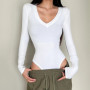 4 color New Spring Autumn V neck Rib Long sleeve Bodysuit Sexy Woman Short Jumpsuit Slim fit Rompers Bodycon Playsuits Navy Gray
