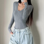 4 color New Spring Autumn V neck Rib Long sleeve Bodysuit Sexy Woman Short Jumpsuit Slim fit Rompers Bodycon Playsuits Navy Gray