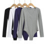 4 color New Spring Autumn V neck Rib Long sleeve Bodysuit Sexy Woman Short Jumpsuit Slim fit Rompers Bodycon Playsuits Navy Gray