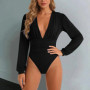 Fashion Women's Bodysuits Solid Long Sleeves Deep V Neck Basic Body Suit Tops Skinny Streetwear Slim Fit Pleated Jumpsuit Shirts
