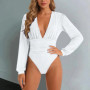 Fashion Women's Bodysuits Solid Long Sleeves Deep V Neck Basic Body Suit Tops Skinny Streetwear Slim Fit Pleated Jumpsuit Shirts