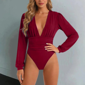 Fashion Women's Bodysuits Solid Long Sleeves Deep V Neck Basic Body Suit Tops Skinny Streetwear Slim Fit Pleated Jumpsuit Shirts