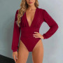 Fashion Women's Bodysuits Solid Long Sleeves Deep V Neck Basic Body Suit Tops Skinny Streetwear Slim Fit Pleated Jumpsuit Shirts