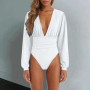 Fashion Women's Bodysuits Solid Long Sleeves Deep V Neck Basic Body Suit Tops Skinny Streetwear Slim Fit Pleated Jumpsuit Shirts
