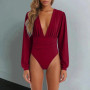 Fashion Women's Bodysuits Solid Long Sleeves Deep V Neck Basic Body Suit Tops Skinny Streetwear Slim Fit Pleated Jumpsuit Shirts