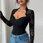 Spring Autumn V Neck Lace T Shirts For Women Elegant Slim Tops Sexy Female Long Sleeve T-Shirts Commute Lady Shirt