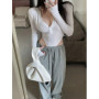 Sexy Long Sleeve Bodysuit Women Basic Bodycon V Neck T Shirt Solid Color Playsuit Ladies Korean Fashion New