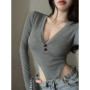 Sexy Long Sleeve Bodysuit Women Basic Bodycon V Neck T Shirt Solid Color Playsuit Ladies Korean Fashion New