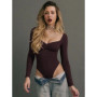 BOOFEENAA Basic Low-cut Long Sleeve Bodysuits Woman Tops Fall Winter Clothing Trending 2025 C95-BE18