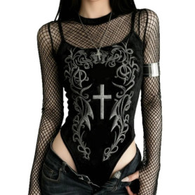 AltGoth Streetwear Dark Gothic Bodysuit Women Cyber Punk Y2k Harajuku Aesthetic Emo Alternative Grunge Printed Velvet Jumpsuit