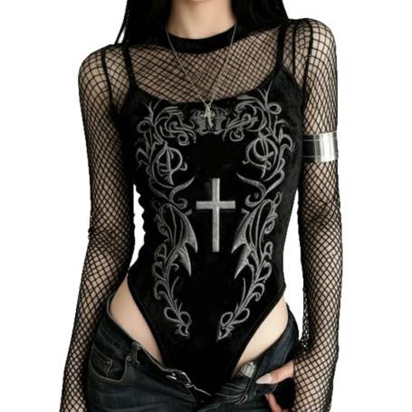 AltGoth Streetwear Dark Gothic Bodysuit Women Cyber Punk Y2k Harajuku Aesthetic Emo Alternative Grunge Printed Velvet Jumpsuit