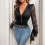 Benuynffy Deep V-neck Sexy Button Front Lace Body Top Women's Autumn 2025 Retro Elegant Long Sleeve OL Club Party wear Bodysuit