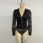 Benuynffy Deep V-neck Sexy Button Front Lace Body Top Women's Autumn 2025 Retro Elegant Long Sleeve OL Club Party wear Bodysuit