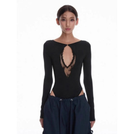 Women Sexy Black Hollow-Out Top Spring Autumn New Lace Bodysuit Jumpsuits