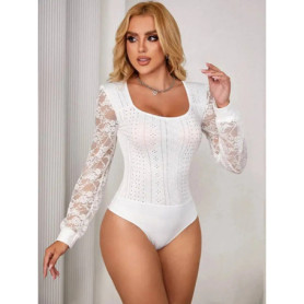 Spring And Autumn Long Sleeve Lace Patchwork Hollow Out Top Winter Warm Fleece Inner Wear Long Sleeved Bodysuits Charming 6ZQH