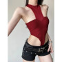 See Through Mesh Sexy Bodysuit Lingerie Women Rave Outfit Solid Red Body Feminino Neck-mounted Y2k Clothes One-pieces Corset Top
