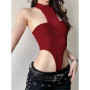 See Through Mesh Sexy Bodysuit Lingerie Women Rave Outfit Solid Red Body Feminino Neck-mounted Y2k Clothes One-pieces Corset Top