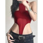 See Through Mesh Sexy Bodysuit Lingerie Women Rave Outfit Solid Red Body Feminino Neck-mounted Y2k Clothes One-pieces Corset Top