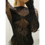 Women Rhinestone Mesh Bodysuits Long Sleeve Bodycon Body Top Party Club Sexy See Through Shirts
