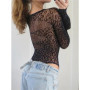 Women Rhinestone Mesh Bodysuits Long Sleeve Bodycon Body Top Party Club Sexy See Through Shirts