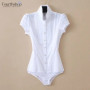 Elegant Bodysuit Women Short Sleeve White Color Shirring Design Blouses And Tops Office Lady Work Wear Formal Body Shirt Female