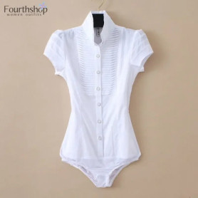 Elegant Bodysuit Women Short Sleeve White Color Shirring Design Blouses And Tops Office Lady Work Wear Formal Body Shirt Female