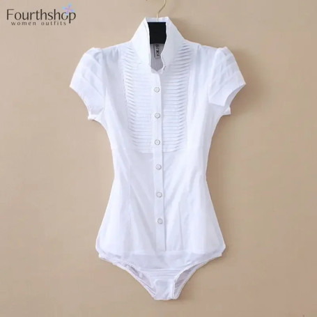 Elegant Bodysuit Women Short Sleeve White Color Shirring Design Blouses And Tops Office Lady Work Wear Formal Body Shirt Female