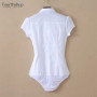 Elegant Bodysuit Women Short Sleeve White Color Shirring Design Blouses And Tops Office Lady Work Wear Formal Body Shirt Female
