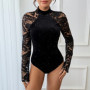 Benuynffy Mock Neck Long Sleeve Lace Body Top Women's Autumn 2025 Sexy Party Elegant Glitter Velvet Stretch Slim Female Bodysuit