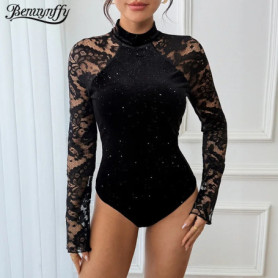 Benuynffy Mock Neck Long Sleeve Lace Body Top Women's Autumn 2025 Sexy Party Elegant Glitter Velvet Stretch Slim Female Bodysuit