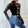 Benuynffy Mock Neck Long Sleeve Lace Body Top Women's Autumn 2025 Sexy Party Elegant Glitter Velvet Stretch Slim Female Bodysuit