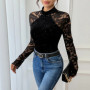 Benuynffy Mock Neck Long Sleeve Lace Body Top Women's Autumn 2025 Sexy Party Elegant Glitter Velvet Stretch Slim Female Bodysuit