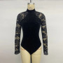 Benuynffy Mock Neck Long Sleeve Lace Body Top Women's Autumn 2025 Sexy Party Elegant Glitter Velvet Stretch Slim Female Bodysuit
