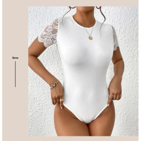 Solid Color Slim Hollow Out 2025 Summer Elegant Trend Tight Women's Short Sleeve Sexy Lace Bodysuit Outfits Female Tops