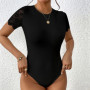 Solid Color Slim Hollow Out 2025 Summer Elegant Trend Tight Women's Short Sleeve Sexy Lace Bodysuit Outfits Female Tops