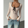 Women's Sexy U-Neck Bowknot Color Block Long Sleeve Bodysuit Casual Slim Fit Rib-knit Bodycon Spring/Fall Streetwear