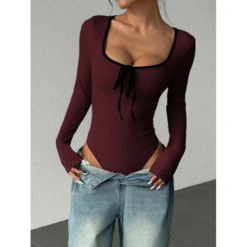 Women's Sexy U-Neck Bowknot Color Block Long Sleeve Bodysuit Casual Slim Fit Rib-knit Bodycon Spring/Fall Streetwear