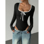 Women's Sexy U-Neck Bowknot Color Block Long Sleeve Bodysuit Casual Slim Fit Rib-knit Bodycon Spring/Fall Streetwear