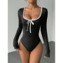 Women's Sexy U-Neck Bowknot Color Block Long Sleeve Bodysuit Casual Slim Fit Rib-knit Bodycon Spring/Fall Streetwear