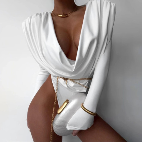 Combhasaki Women Long Sleeve Bodysuits Solid Color Ruched Cowl Deep V-Neck Slim Fit High Cut Romper T-Shirt for Club Streetwear