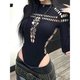 2025 New Sexy Mesh Bodysuits With Hidden Buttons Open Crotch Hollow Out Ripped Spider Design Slim Fit Long Sleeve Bodysuits PT1X