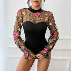 Benuynffy Floral Embroidered Long Sleeve Mesh Bodys Top for Women Half High Collar Sexy Party Elegant Streetwear Slim Bodysuit