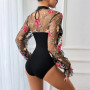 Benuynffy Floral Embroidered Long Sleeve Mesh Bodys Top for Women Half High Collar Sexy Party Elegant Streetwear Slim Bodysuit