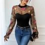 Benuynffy Floral Embroidered Long Sleeve Mesh Bodys Top for Women Half High Collar Sexy Party Elegant Streetwear Slim Bodysuit