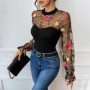 Benuynffy Floral Embroidered Long Sleeve Mesh Bodys Top for Women Half High Collar Sexy Party Elegant Streetwear Slim Bodysuit