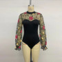 Benuynffy Floral Embroidered Long Sleeve Mesh Bodys Top for Women Half High Collar Sexy Party Elegant Streetwear Slim Bodysuit