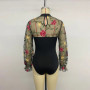 Benuynffy Floral Embroidered Long Sleeve Mesh Bodys Top for Women Half High Collar Sexy Party Elegant Streetwear Slim Bodysuit