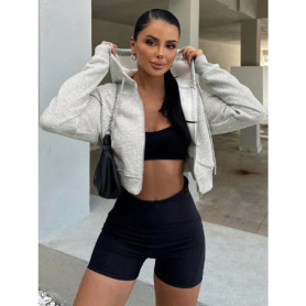 Women's Long Sleeve Hooded Zipper Cardigan Cropped Sweatshirt Casual Versatile Apparel European and American Hoodies Women